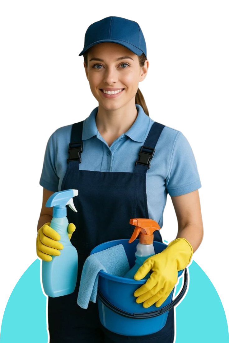 Profesional de limpieza sonriente con equipo de trabajo